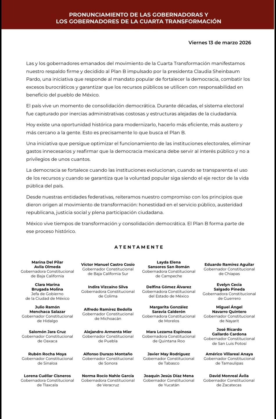 Se suma gobernadora Lorena Cuéllar pronunciamiento nacional para fortalecer la democracia